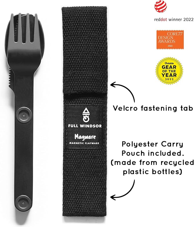 FULL WINDSOR Magware Camping Set - Travel Utensils for Outdoor Dining Backpacking &amp Camping Essentials - Knife Fork &amp Spoon with Pouch - Magnetic Silverware Lunchbox Utensils Cutlery - Black