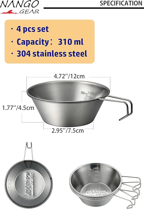 NANGOGEAR NANGOGEARNANGOGEAR Camping Sierra Cup 310ml 4pcs Set Food Grade Stainless Steel Dishwasher Safe (21112)