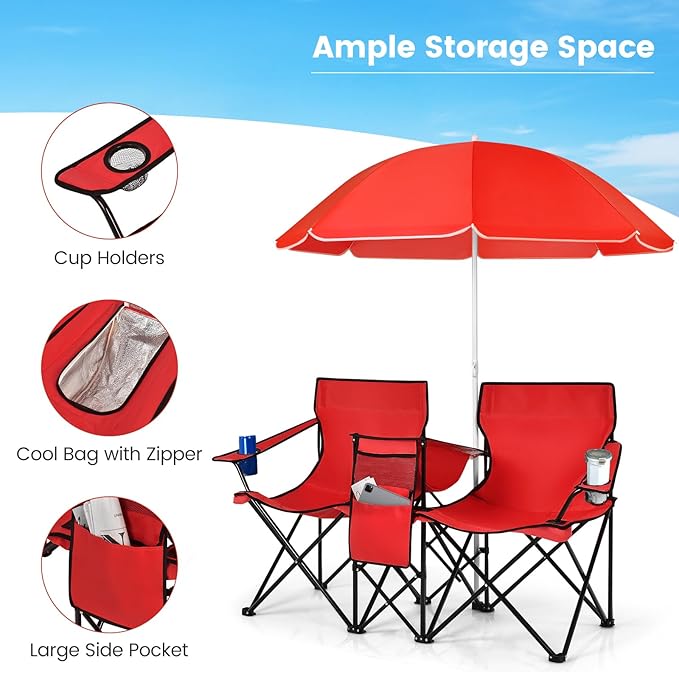 Double Camping Chair 2-Person Portable Beach Chair w/Removable Umbrella Cup Holders &amp Carrying Bag Folding Loveseat Chairs for Adults Outdoor Picnic (Red)