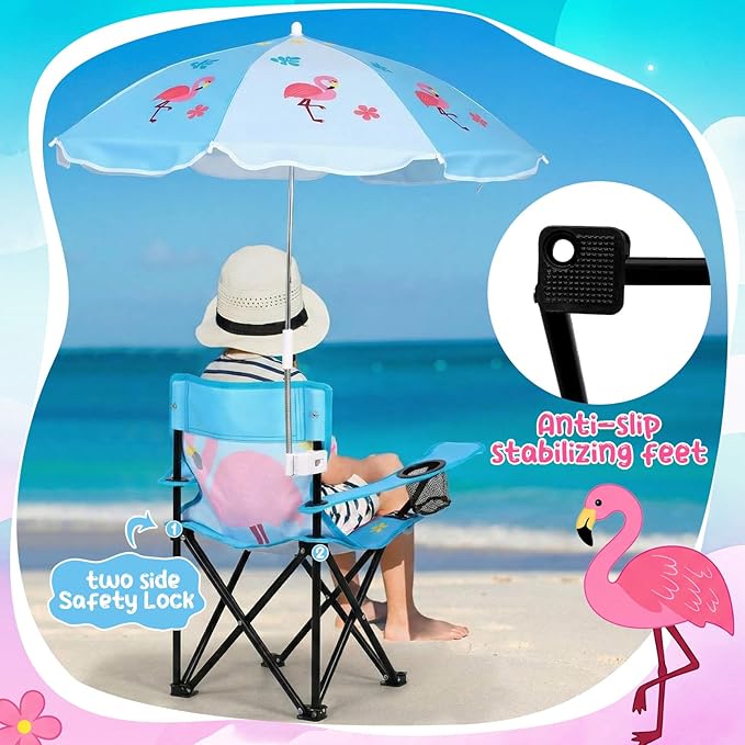 Outdoor Toddler Camping Chair with Umbrella Foldable Beach Chairs with Safety Lock for Kids Waterproof Lawn Kids Folding Chair for Outside Beach Travel(Flamingo)