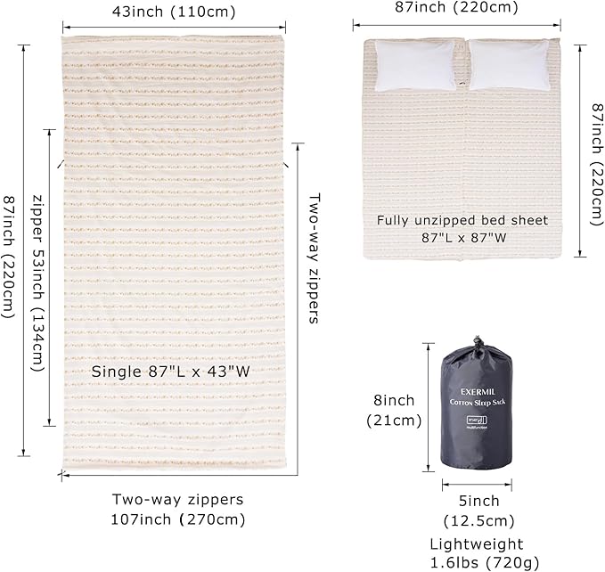 100% Cotton Sleeping Bag Liner with Full Length Zipper on 3 Sides Single/Double Adult Sleep Sack for Travel &amp Camping Multifunctional Travel Sheets (Unzipped 87”x87”) for Hotel Lightweight