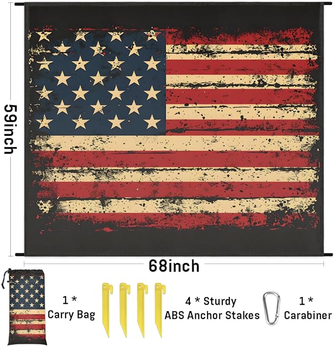 4th of July Beach Blanket Sandproof Beach Mat 68 x 59 Waterproof Quick Drying Sand Free Mat with 4 x Ground Spikes for Outdoor Travel Camping Hiking Vintage American Flag