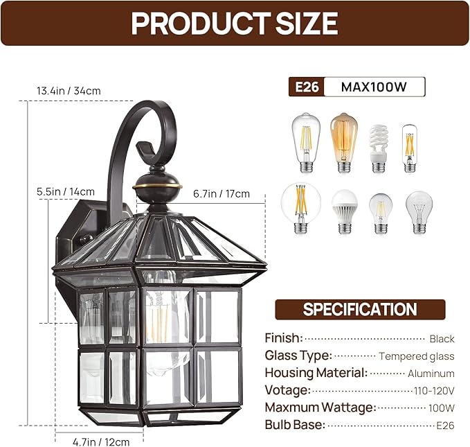 Black Outdoor Wall Light Fixture 1-Light Exterior Porch Light with Clear Glass Waterproof Wall Mount Lantern Sconce for Garage Front Door and Patio Anti-Rust Finish