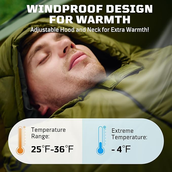 Mummy Sleeping Bag for Adults 25℉-36℉ Cold Weather Backpacking Sleeping Bag Lightweight 3-4 Season Winter Camp Bag with Adjustable Hood &amp Compression Sack Machine Washable