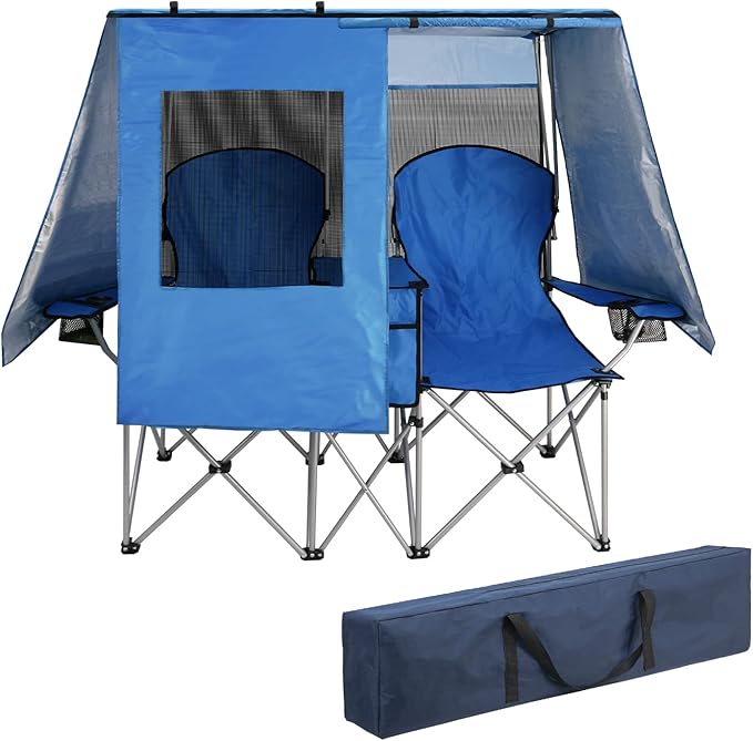 BESTHLS Double Camping Chair with Canopy Shade - Heavy Duty 600D Outdoor Loveseat for Adults 2-Person Beach Chair with Umbrella Folding Camp Loveseat for Fishing Sports Patio (Blue)