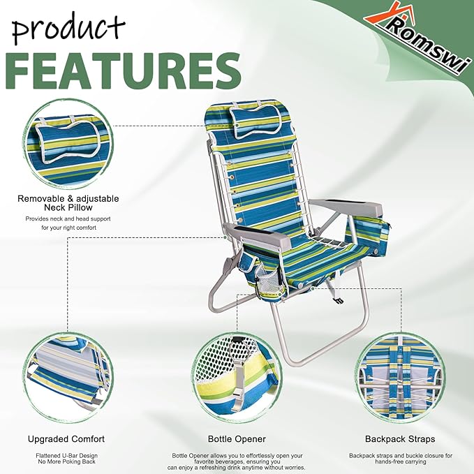 Romswi Tall Beach Chair for Adults 17 High Seat Backpack Beach Chair with Cooler Bag Cup &amp Phone Holder 5-Position High Back Reclining Chair with Towel Bar &amp Zipper Pocket Blue Stripes