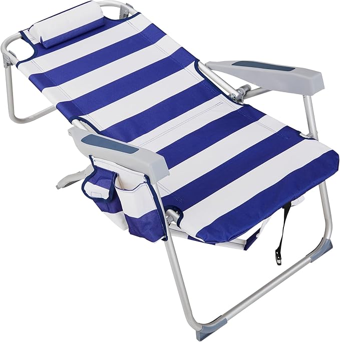 Folding Tall Backpack Beach Chair with 5 Positions Towel bar Storage Pouch Cup HolderFolding Beach Camping Chair (Blue Stripes)