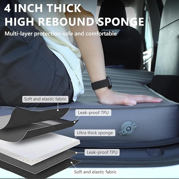 Camping Air Mattress Tesla Model Y Mattress 4 Ultra Thick Tesla Model Y Air Mattress Self Inflating Sleeping Bed with Pump Portable SUV Air Mattress Car Bed Camping Gray