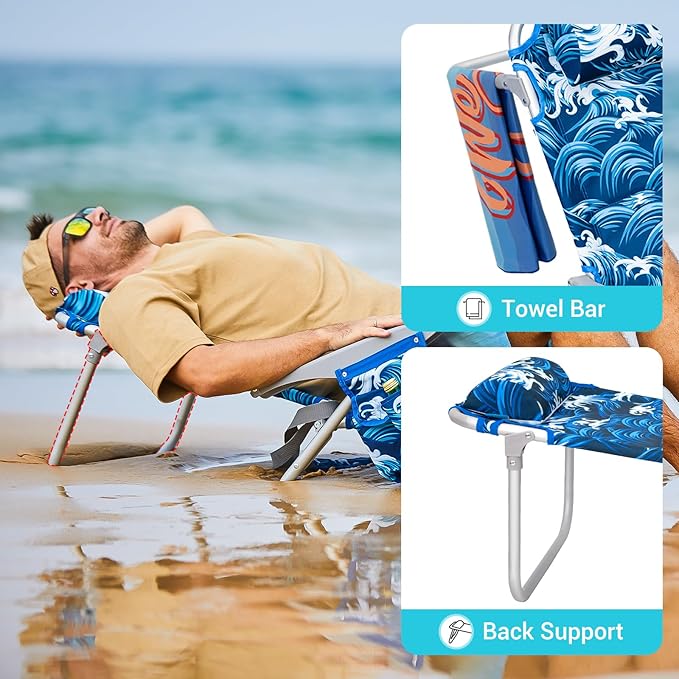 #WEJOY Lightweight Low 2 Pack Beach Chair for Adults 4-Position Aluminum Folding Camping Chairs with Shoulder Strap Cup Holder and Padded Headrest Supports 265lbs for Lawn Outdoo Darkblue/White