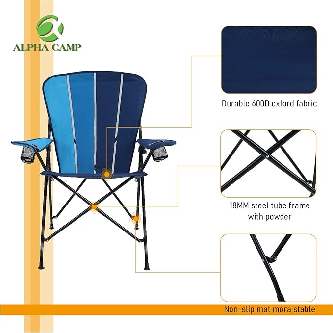ALPHA CAMP Folding Camping Chair Portable Outdoor Lawn Chair Padded Lightweight Chair Metal Frame Heavy Duty Chair Sports Bag Chairs for Beach Hiking Fishing with Cup Drink Holder Capacity-300lbs