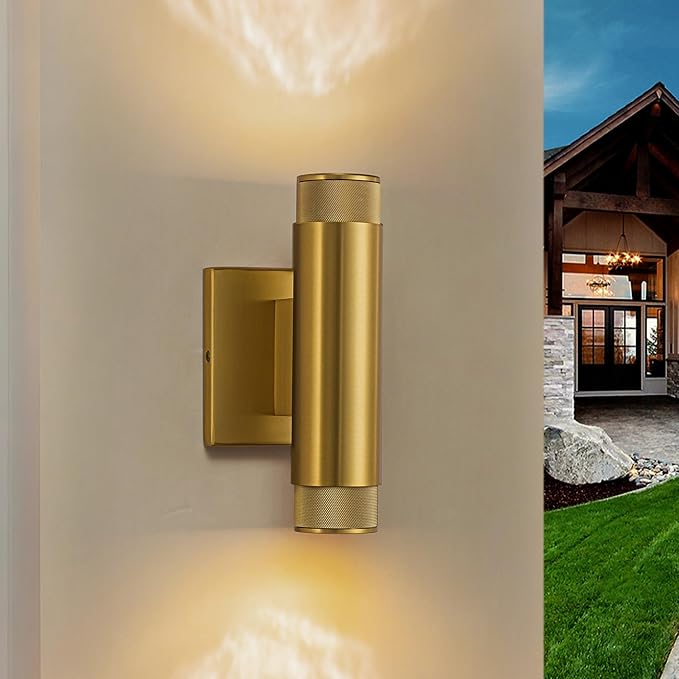 9 Inch Modern Outdoor Wall Light Waterproof Gold Up and Down Exterior Wall Sconce 2-Light Porch Light Fixture for Patio Garage Front Door