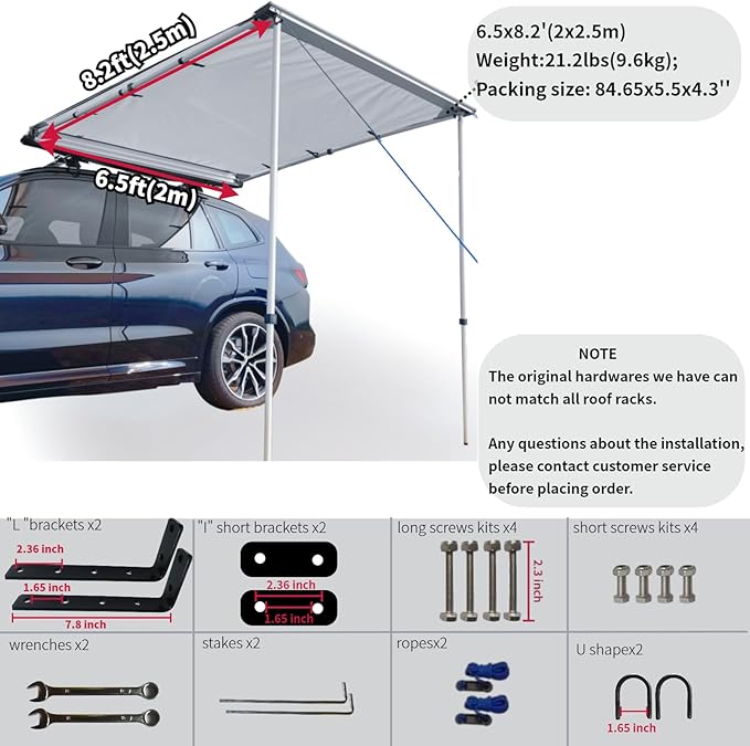 DANCHEL OUTDOOR Car Awning 6.5x8.2ft Roof Rack Pull-Out Sun Shelter Canopy Waterproof 4x4 Vehicle Side Overland Awning Camping Gray