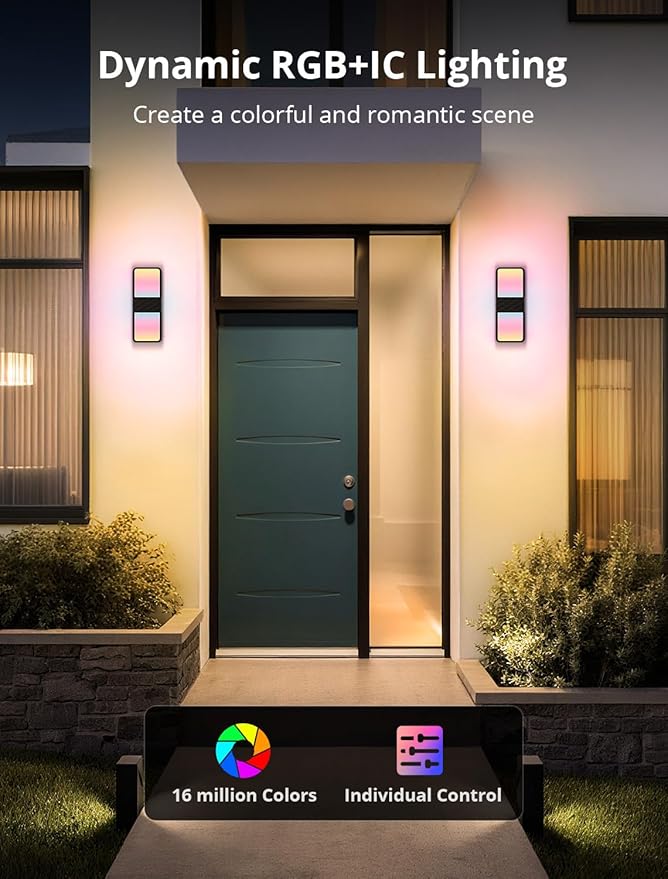 Smart Outdoor Wall Lights 1500LM RGB+IC+Warm/Cool White Porch Light 44 Scene Modes IP65 Waterproof Wall Sconce for Halloween Christmas Decor Works with Alexa Google Assistant 2 Pack