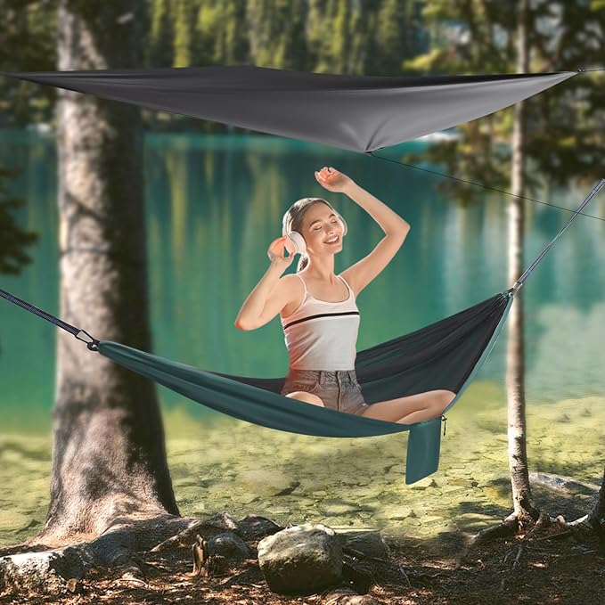 Camping Hammock with Mosquito Net and Rain Fly Tarp200kg Load CapacityLightweight Portable Hammock for BackpackingHikingand Travel-Black/Blackish Green