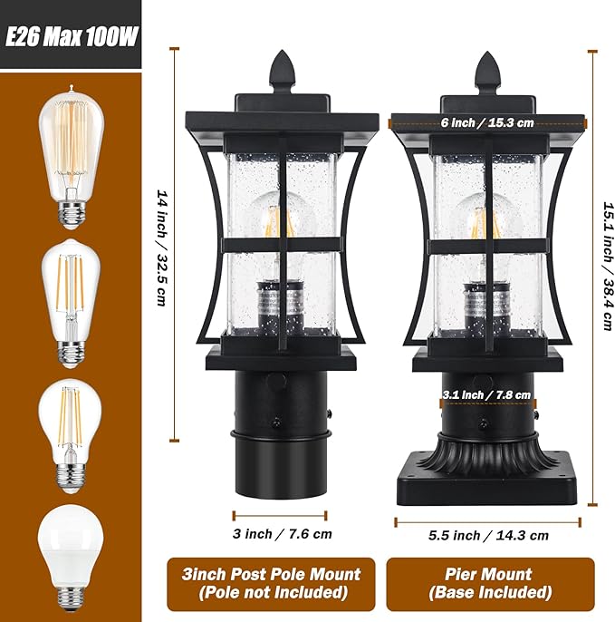 Dusk to Dawn Outdoor Post Light Fixture with Pier Mount Base - Black Outdoor Pole Lighting Waterproof Pillar Lantern Modern Outside Column with Seeded Glass for Pathway Garden Patio Anti-Rust