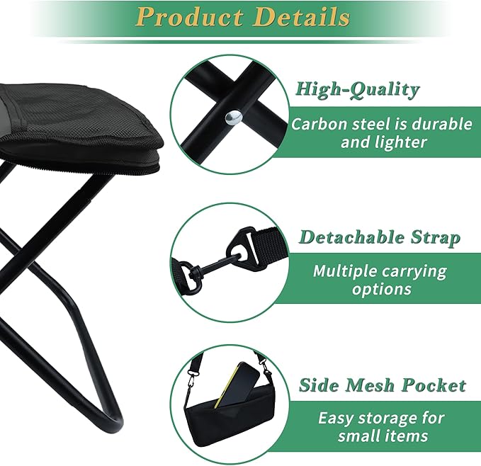 YANYUCB Portable Folding ChairUltralight Collapsible StoolCamping ChairHandbag Style Pocket Foldable Stool for Camping Travel Fishing Hiking and Outdoor Activities(Black)