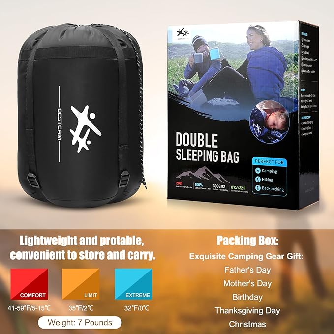 Double Sleeping Bag Flannel for Adults Kids Queen Size for 2 Person with 2 Pillows Warm &amp Cold Weather Sleeping Bag for Camping Hiking Waterproof Lightweight with Compression Sack