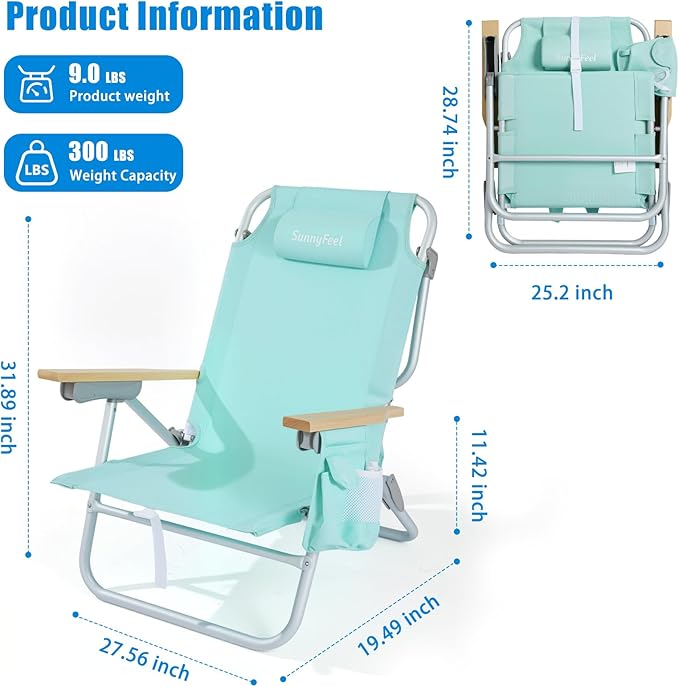 SUNNYFEEL Low Back Folding Beach Chair Aluminum Heavy Duty Beach Chair with 5-Position Portable Camping Chair for Adults with Wood Armrest Lightweight Camping Chair 300lbs Green