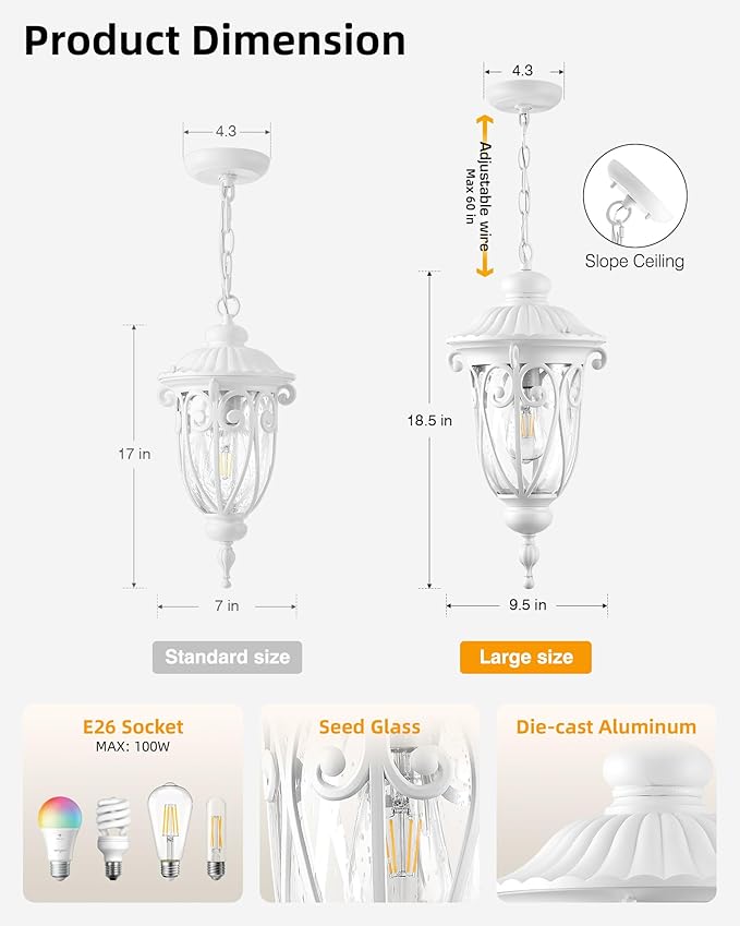 VIANIS Large Outdoor Pendant Light Lantern White Modern Outdoor Chandelier Handcrafted Hanging Outdoor Lights with Seed Glass Outdoor Ceiling Lights for Porch House Doorway Garden Entryway