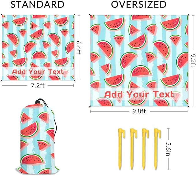 Personalized Beach Blanket Waterproof Sandproof 118x110 Inches Custom Oversized Watermelon Beach Mat for 6-8 Adults Lightweight Picnic Blanket with 4 Corner Pockets for Outdoor Travel Camping