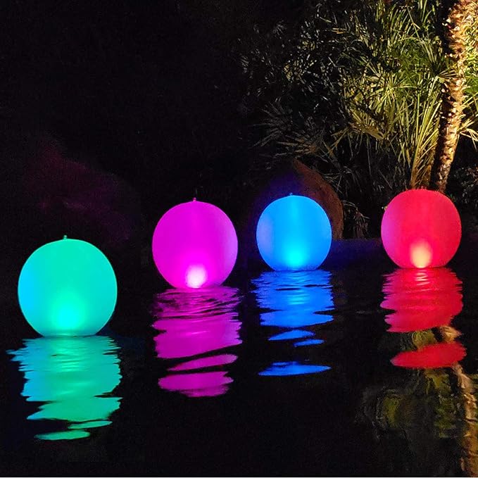 Rukars Floating Ball Pool Light Solar Powered 4 PCS 14 Inch Inflatable Hangable IP68 Waterproof Rechargeable Color Changing Led Glow Globe Pool