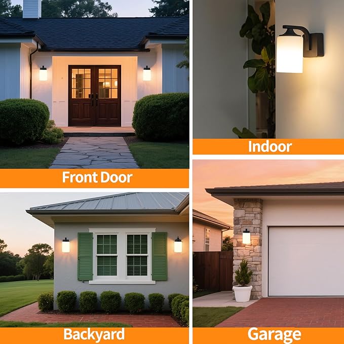 Outdoor Wall Lamp Waterproof and Anti-Rust Aluminium Modern Wall Light Fixture Milk Glass Indoor for OutsideGarden Matt Black