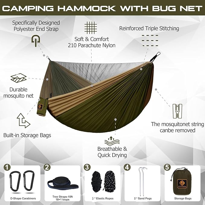 Camping Hammock Portable Hammocks with Mosquito NetLightweight Nylon Parachute Hammock with 10ft Tree StrapsCamping Gear Must Haves for Travel Hiking Backpacking Beach Patio-Green&ampKhaki