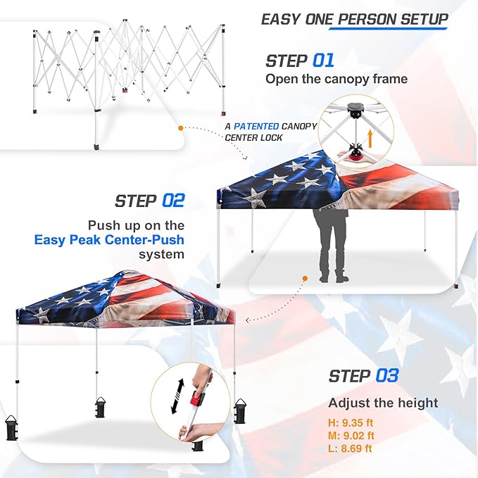 EAGLE PEAK Pop Up Canopy Tent with Wheeled Carry Bag 8 Stakes 4 Ropes 4 Weight Bags Easy Set Up Tent Canopy 10x10 ft 100sqft of Shade Stars and Stripes