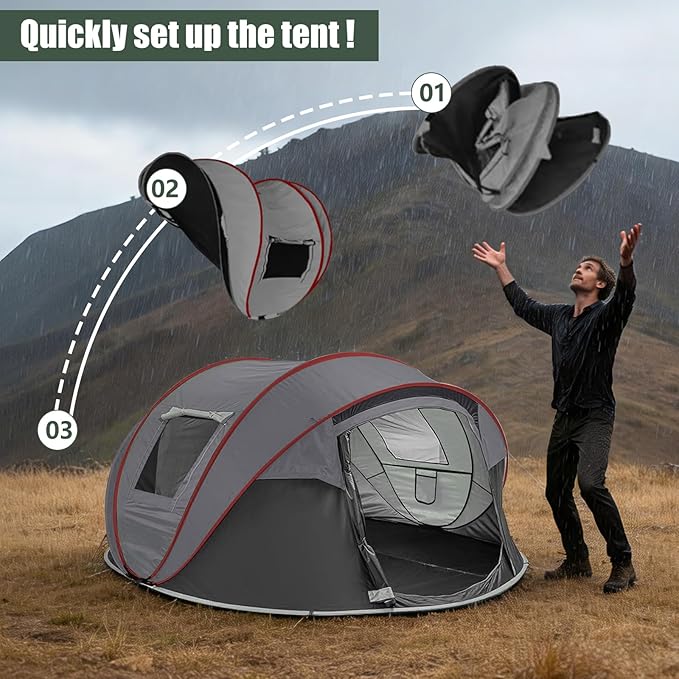 Instant Pop Up Camping Tent 4-6 Person TentsAutomatic Set Up Tent in 3 SecondsWaterproof Sunshade Family TentPortable Lightweight Dome Tent for Outdoor CampingHikingTravel &amp Beach