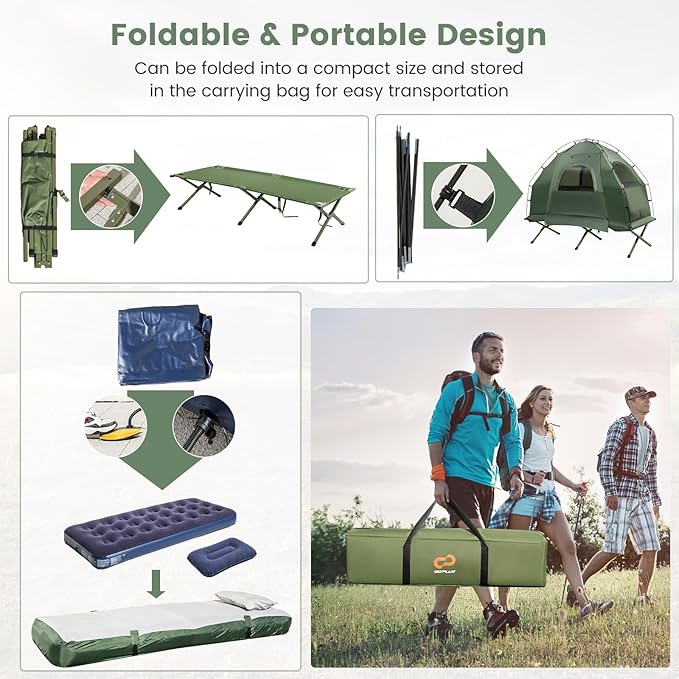 Goplus Camping Tent Cot 5-in-1 Folding Camping Bed with Air Mattress Pillow Sleeping Bag Waterproof Elevated Tent Shelter Portable Outdoor Sleeping Cot with Carry Bag for Picnic Trip