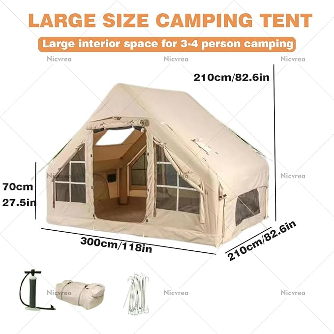 Inflatable Camping Tent with Fireplace Opening and Skylight Outdoor Tent for 2 to 8 People with Air Pump Inflatable Tent in Waterproof Oxford Fabric for 4 Seasons Quick Assembly