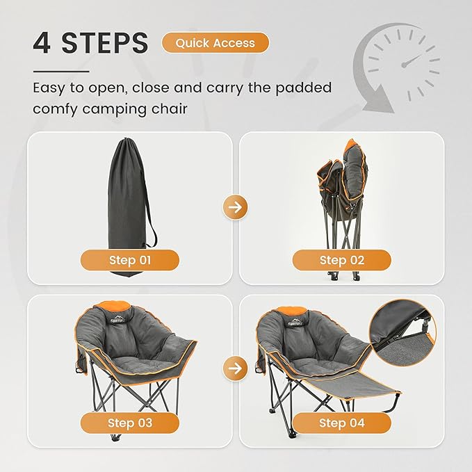 OUTDOOR LIVING SUNTIME Oversized Padded Comfy Camping Chair with Removable FootrestWeight Capacity 400LBS Heavy Duty Moon Round Leisure Folding Chair for Camping Hiking Carry Bag Orange