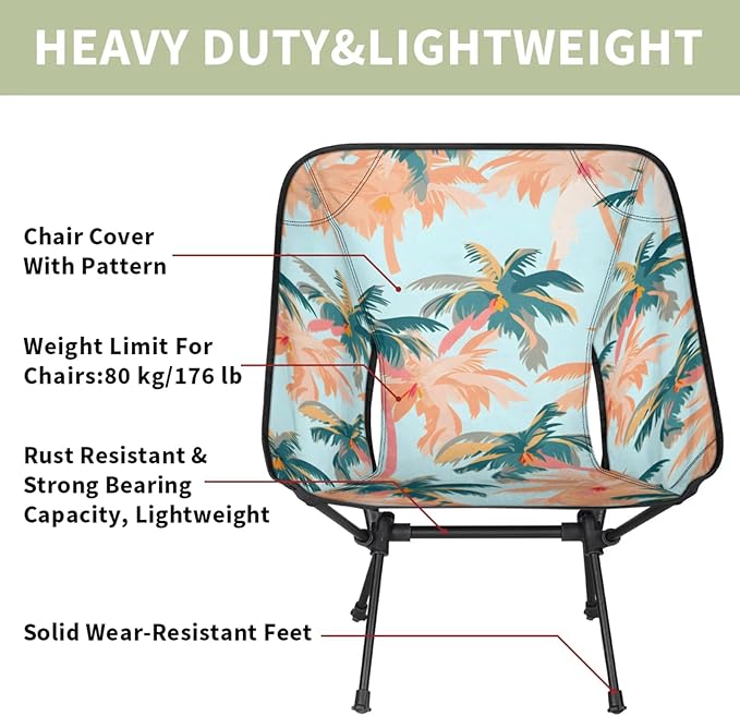 Honeybaby Folding Camping Chair Palm Tree Print Camping Chairs Lightweight Portable Chair Outdoor Foldable Chairs for Camping Travel Picnic Beach Hiking