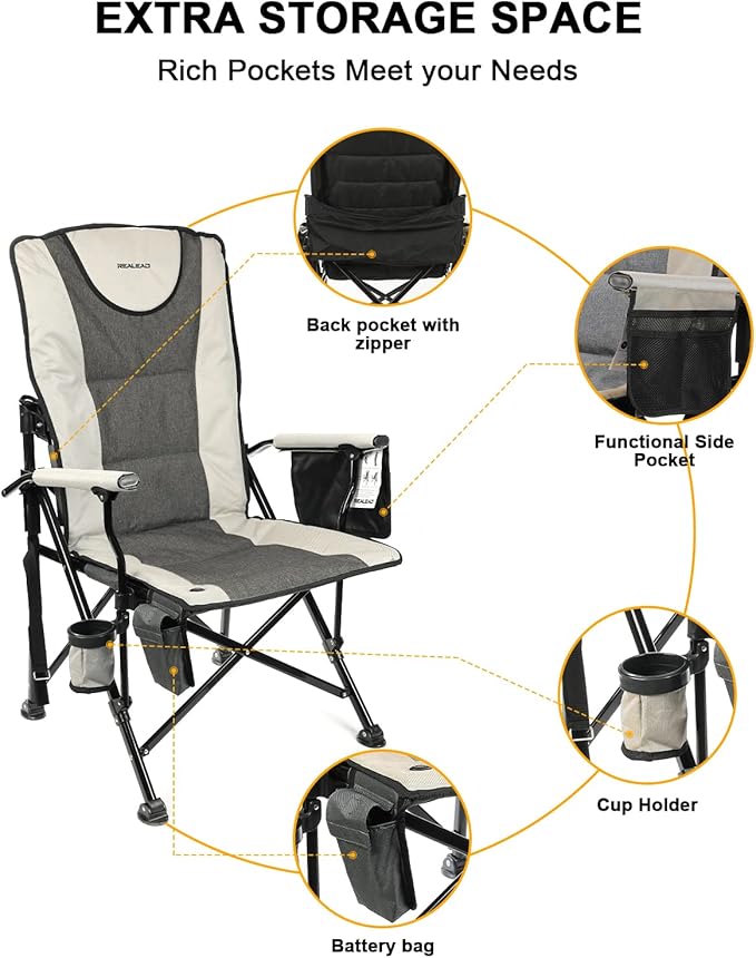 REALEAD Heated Camping Chair - Fully Padded Heated Chairs Outdoor Sports - Heavy Duty Heating Camp Chairs for Adults Supports 400 lbs - Perfect for Outside Sport Events Concert Battery NOT Included