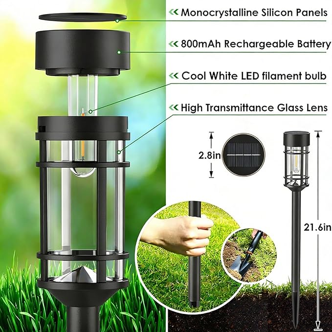 Mancra Solar Pathway Lights Outdoor 8 Pack Metal Glass Solar Lights Outdoor Waterproof Auto On/Off Landscape Path Lighting Garden Decor for Yard Walkway Driveway Cool White