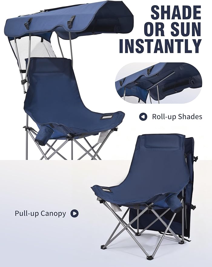 East Oak Oversized Camping Chair with Canopy | 400 LBS Heavy Duty Folding Beach Chair with Canopy Shade Roomy Seat Maximum Sun Protection Ample Storage for Sports Events Fishing