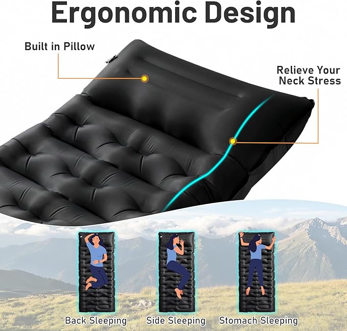KASBAH Camping Sleeping PadExtra Wide 6 inch Thick Inflatable Sleeping Pads with Built-in Foot Pump and PillowUltralight Camping Mat Gear for Outdoor HikingCamping