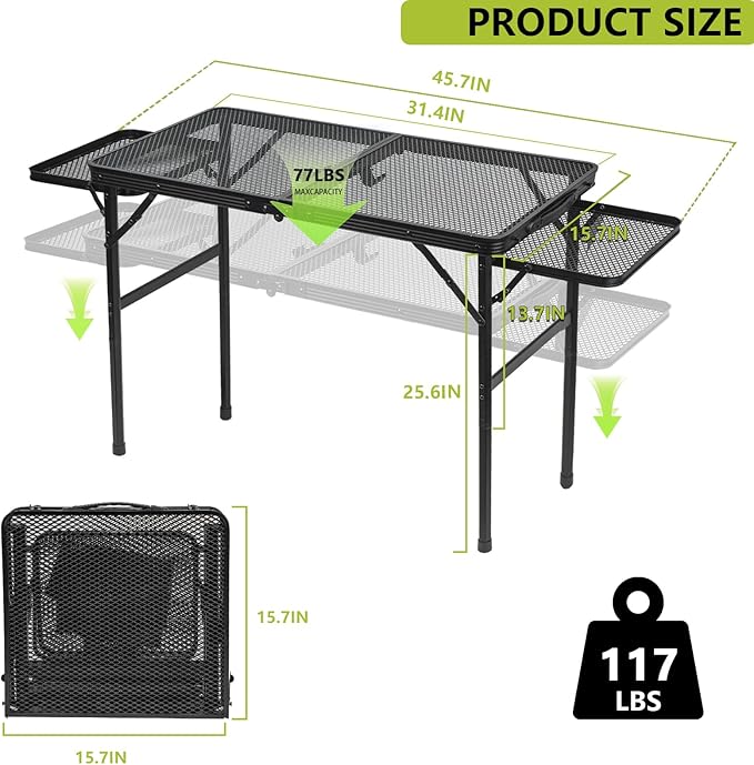 Portable Folding Grill Table Lightweight Height AdjustableCamping Picnic Table with Mesh Desktop and Mesh Bag for Outdoor for PicnicCampingBBQBeach (3.8 * 1.3FT)