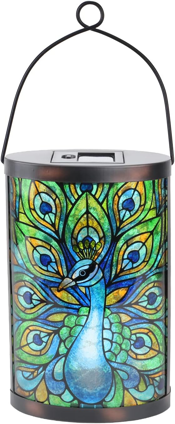 Afirst Solar Lantern Outdoor Hanging Glass Peacock Solar Lights Waterproof Led Lamp for Garden Yard Tree Desk Decor