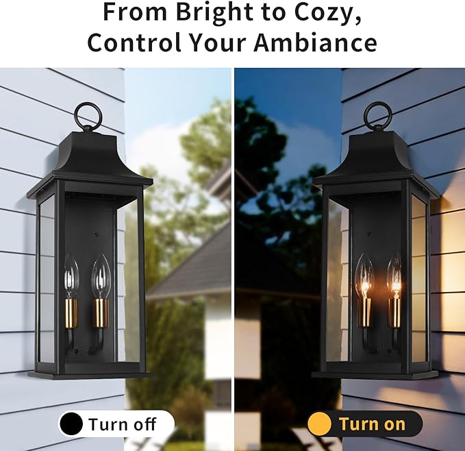 JYZ 18 Outdoor Wall Light Lantern 2-Light Exterior Wall Sconce with Gold Socket &amp Clear Glass Anti-Rust Matte Black Outside Lighting Fixture for Front Door Porch Garage E12 Base