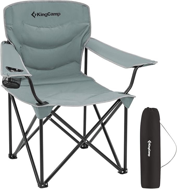 KingCamp Folding Camping Chair Oversized Portable Lawn Chair Padded Quad Chair with Cup Holder and Carry Bag Heavy Duty Supports 300lbs for Outdoor Fishing Picnic Sports Grey