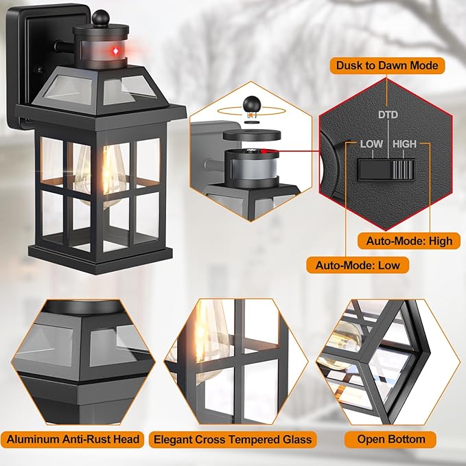 Motion Sensor Outdoor Light Fixtures 2-Pack Upgraded Anti-Rust Aluminum Outdoor Sconces Front Porch Lights Black Exterior Light Fixtures Dusk to Dawn Outside Lights House ETL Certified