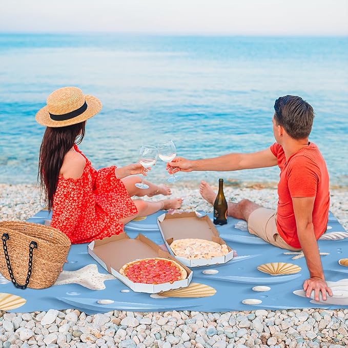 Waterproof Sandproof Beach Blanket 59''×68'' Ocean Decoration Shell Polyester Outdoor Picnic Blanket with 4 Stakes &amp Storage Bag for BeachCampingVacation