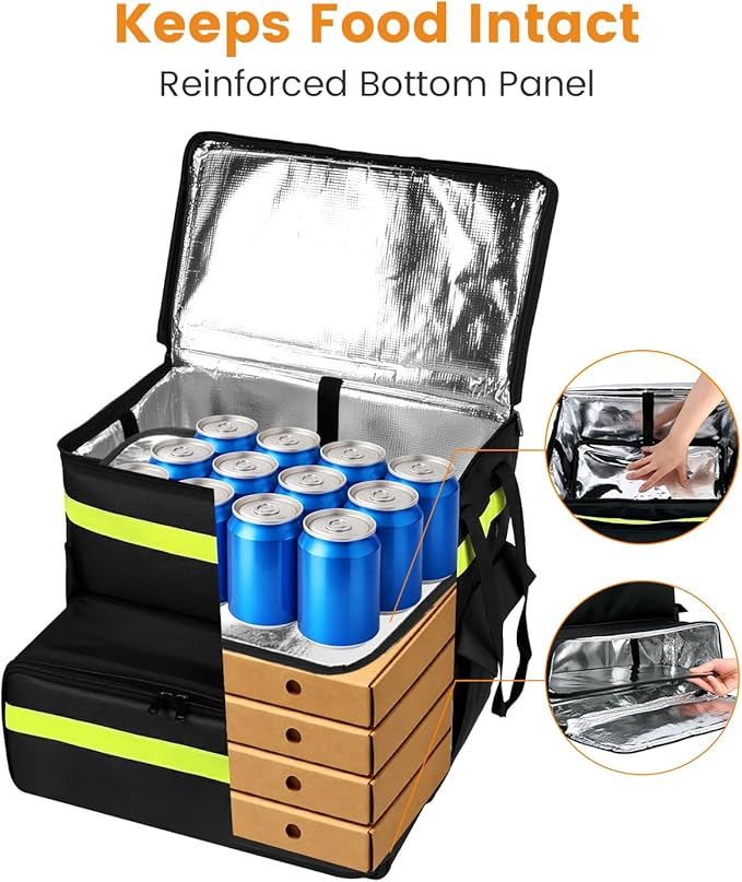 Bodaon Food Delivery Backpack with 2 Base Plates Dual-Layer Insulated Compartments Waterproof Lining Reflective Strip - Pizza Delivery Bag for Bike Couriers Grocery Takeout Food Transport