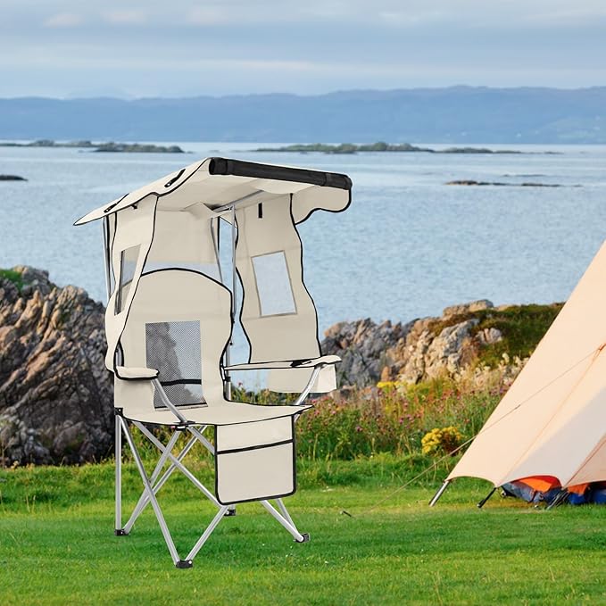 ptlsy Folding Camping Chair with Canopy Beach Chair with Canopy Shade with Cup Holders Cooler Bag for Camping Fishing Beach Sports and Concert (White)