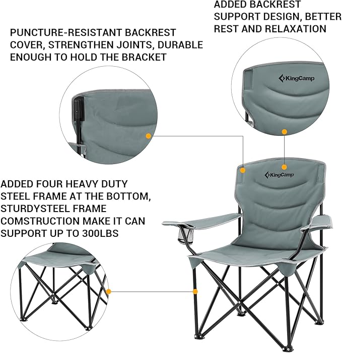 KingCamp Folding Camping Chair Oversized Portable Lawn Chair Padded Quad Chair with Cup Holder and Carry Bag Heavy Duty Supports 300lbs for Outdoor Fishing Picnic Sports Grey