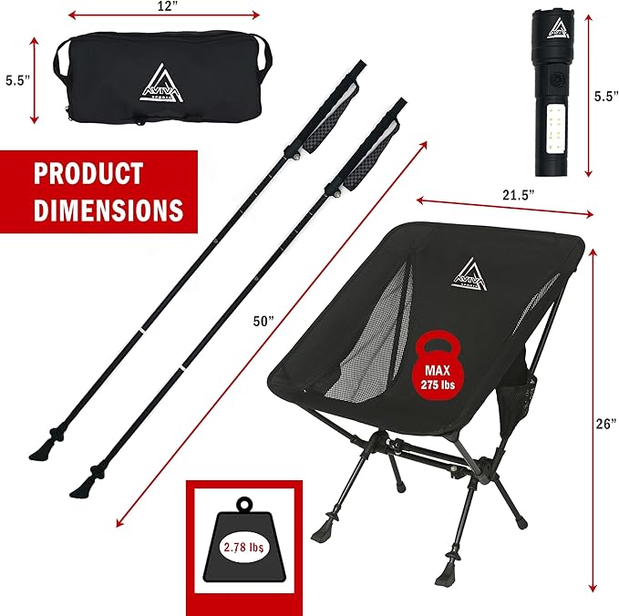 3-in-1 Camping Chair Trekking Poles &amp Mounted Flashlight – All-in-One Backpacking Kit Small &amp Weighs Only 3 lbs – Lightweight Aluminum Hiking Poles - Chair &amp High Lumen LED Light