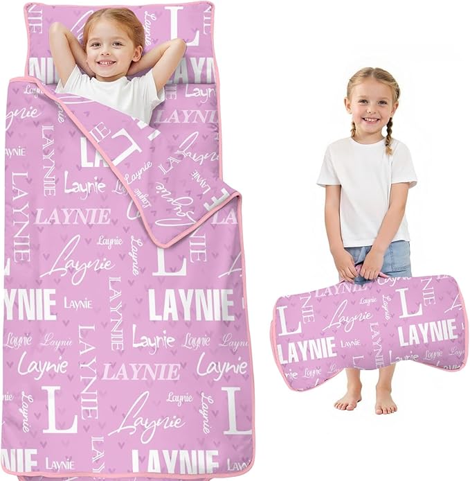 Personalized Name Toddler Nap Mat for Daycare Preschool Kindergarten Customized Kids Sleeping Bag with Pillow and Blanket for Girls Boys Custom Name Monogrammed Nap Mats for Toddlers