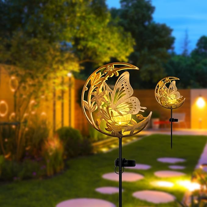 ShangTianFeng Butterfly Lights Outdoor Decor - Moon &amp Bird SolaGardenLights Waterproof Auto On/Off Pathway Lighting for Yard/Lawn/Patio Handcrafted Metal Solar-Stake-Lights for Outside Decoratio