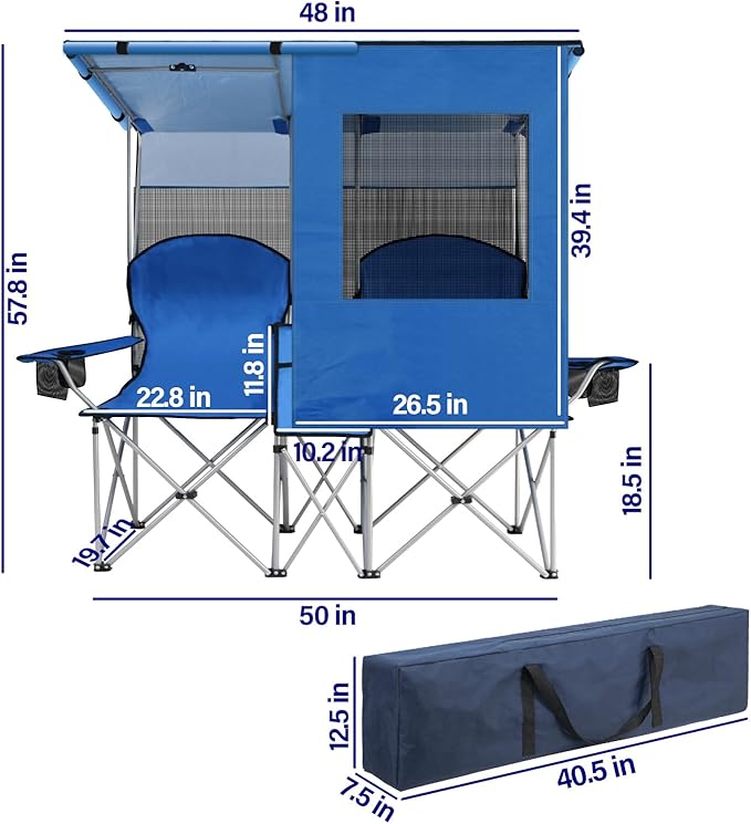 ptlsy Double Camping Chair with Canopy Folding Two-Person Seat Portable Outdoor Loveseat with Shade Folding Chairs for Beach Lawn and Outdoor Activities (Blue)